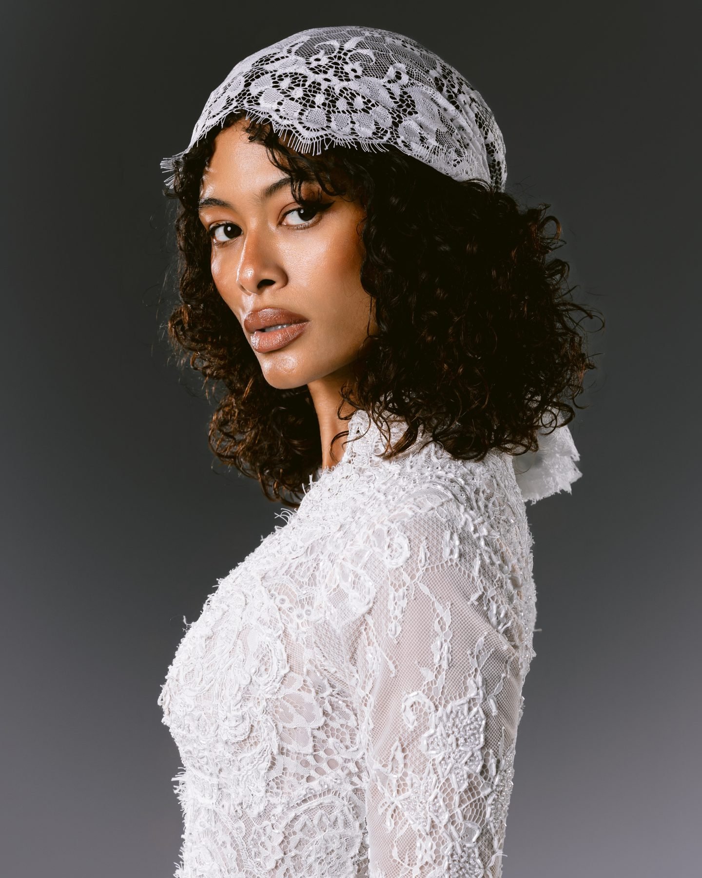 Lace cap and long-sleeve embroidered sheath