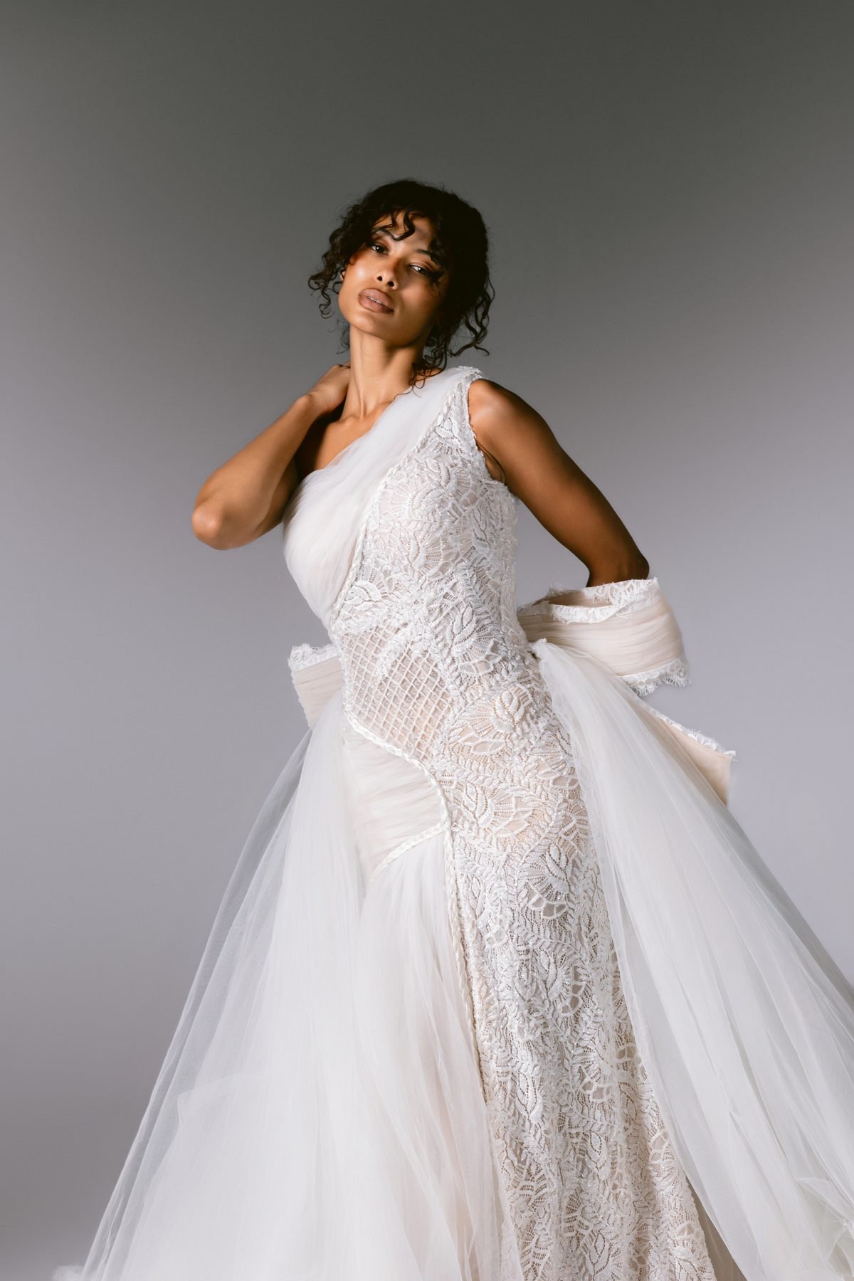 One-shoulder gown with tulle overskirt